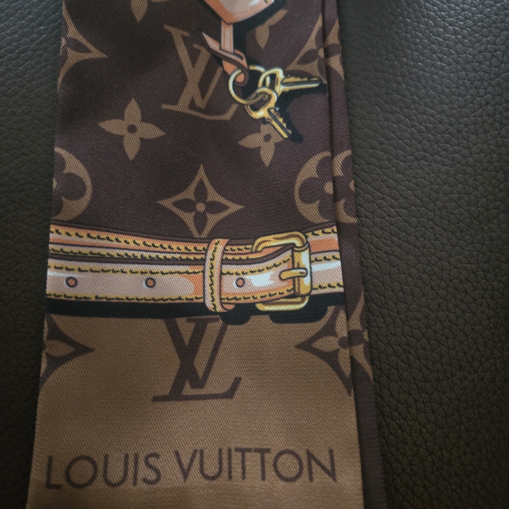 Louis Vuitton Brown and Gold Monogram Silk Twilly Scarf - Picture 5 of 5